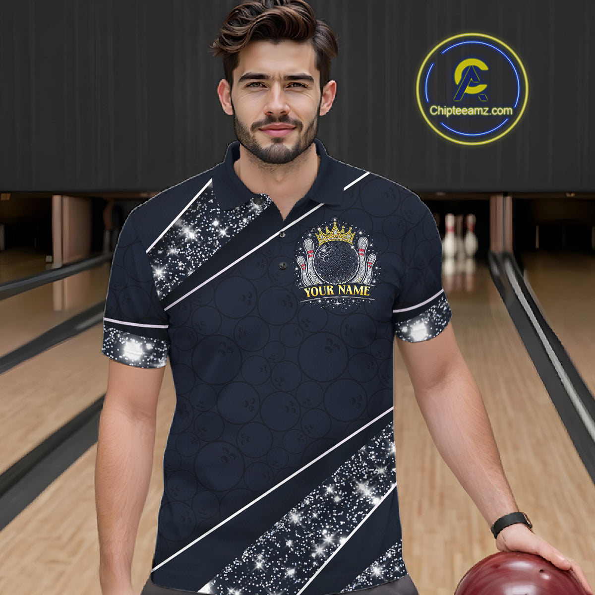 Custom Navy Bowling Shirts with Rhinestones for Men King Bowling Polo & Quarter-Zip Bowling Outfit QZT922