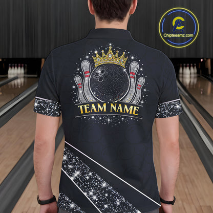 Custom Navy Bowling Shirts with Rhinestones for Men King Bowling Polo & Quarter-Zip Bowling Outfit QZT922