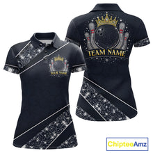 Load image into Gallery viewer, Custom Navy Bowling Shirts with Rhinestones for Women King Bowling Polo &amp; Quarter-Zip Bowling Outfit QZT922
