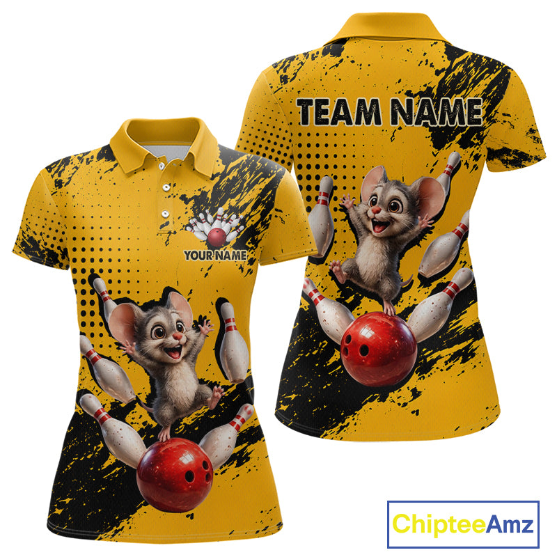 Black & Yellow Funny Mouse Bowling Team Shirt for Women Custom Bowling Jersey Polo & Quarter-Zip QZT1032