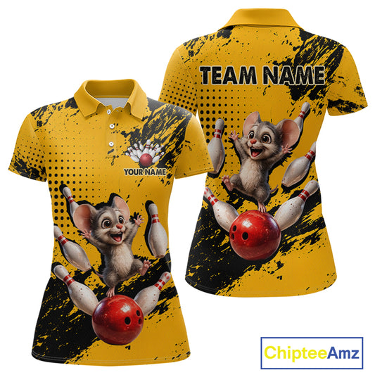 Black & Yellow Funny Mouse Bowling Team Shirt for Women Custom Bowling Jersey Polo & Quarter-Zip QZT1032