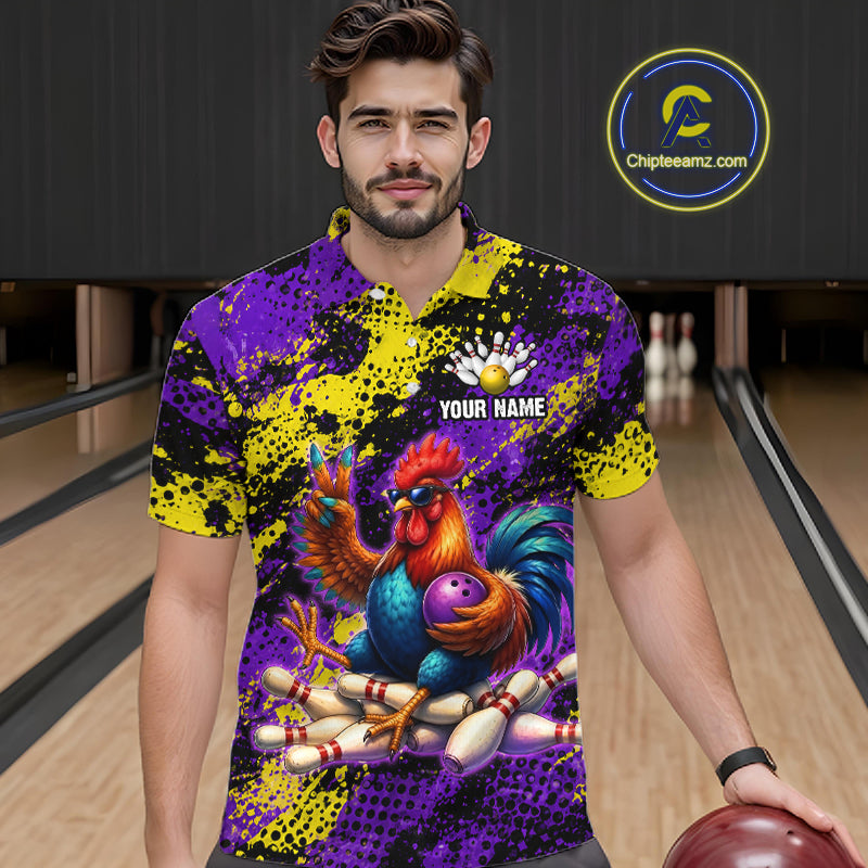 Purple & Yellow Chicken Bowling Shirt for Men Custom Bowling Jersey Rooster Polo & 1/4-Zip QZT1034
