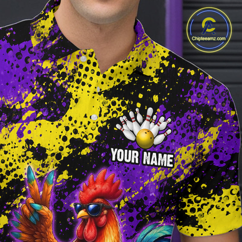 Purple & Yellow Chicken Bowling Shirt for Men Custom Bowling Jersey Rooster Polo & 1/4-Zip QZT1034