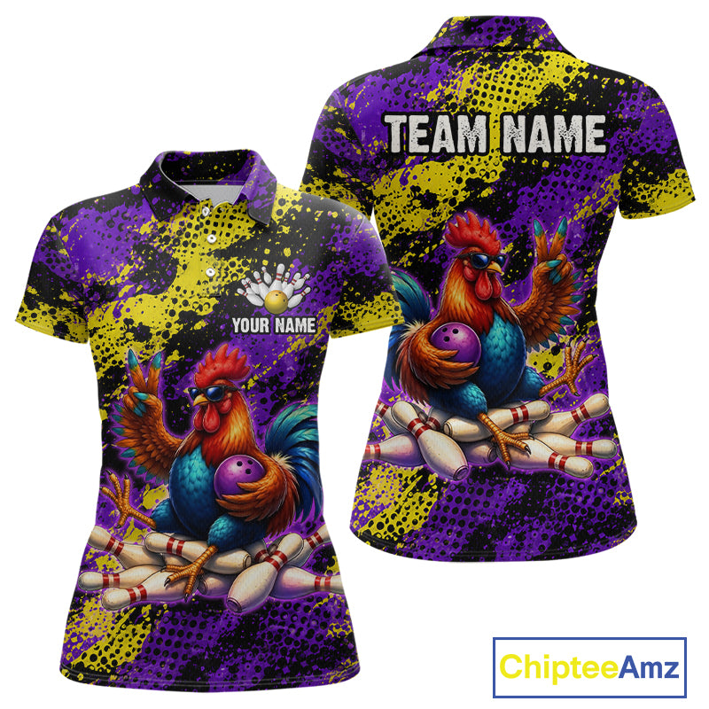 Purple & Yellow Chicken Bowling Shirt for Women Custom Bowling Jersey Rooster Polo & 1/4-Zip QZT1034