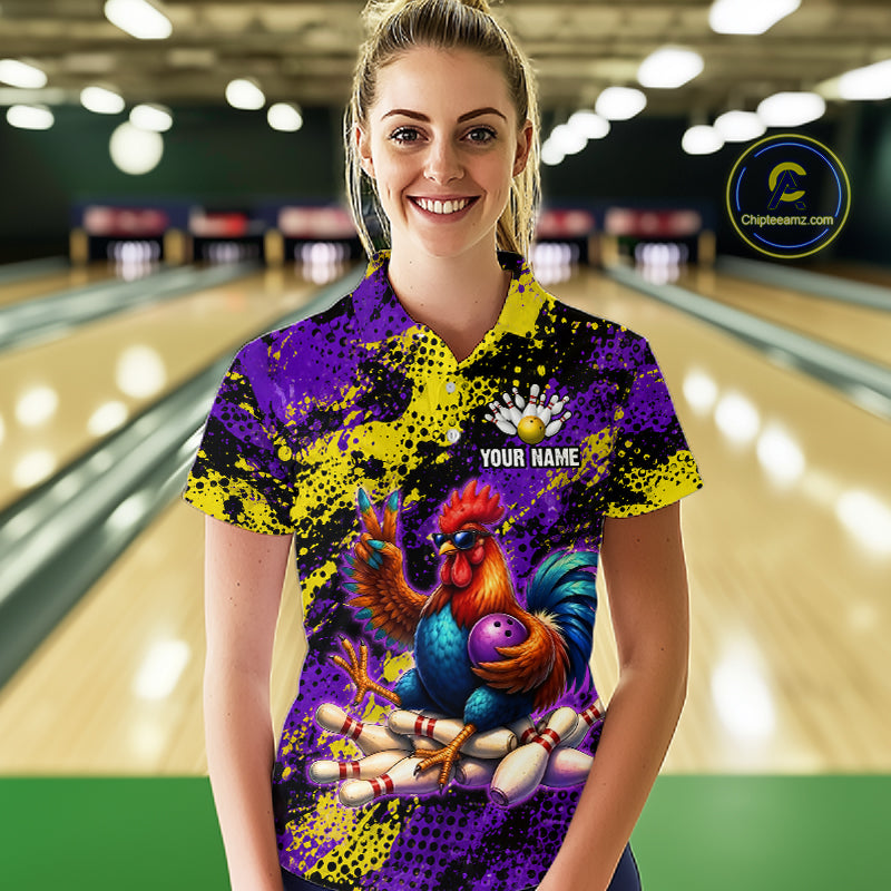 Purple & Yellow Chicken Bowling Shirt for Women Custom Bowling Jersey Rooster Polo & 1/4-Zip QZT1034