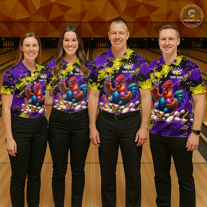 Purple & Yellow Chicken Bowling Shirt for Men Custom Bowling Jersey Rooster Polo & 1/4-Zip QZT1034