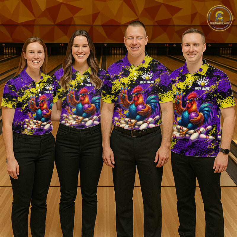Purple & Yellow Chicken Bowling Shirt for Women Custom Bowling Jersey Rooster Polo & 1/4-Zip QZT1034