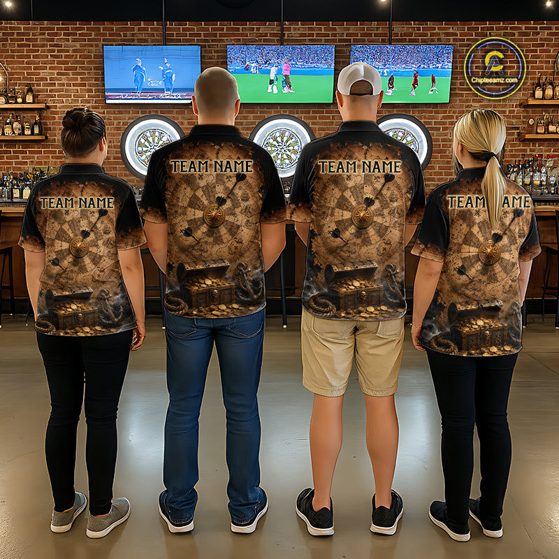 Custom Vintage Treasure Map & Chest Dart Shirt Skeleton Pirate Dart Team Jersey for Women Polo & 1/4-Zip DHT62