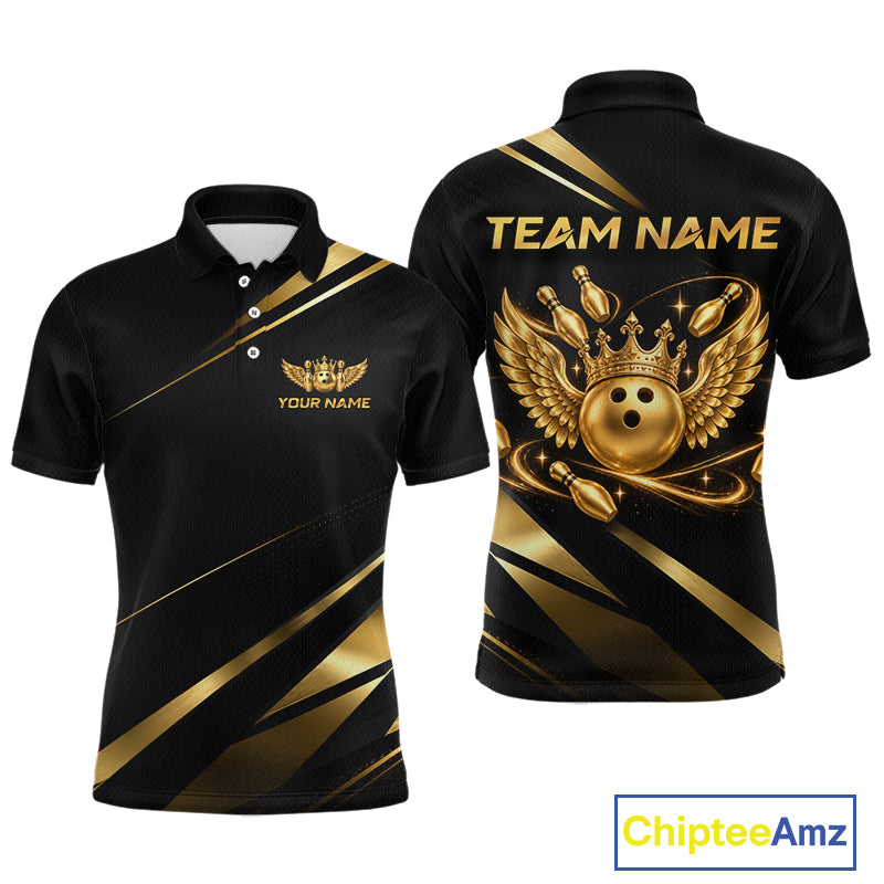 Custom Black & Gold Bowling Shirt for Men Wings Crown Bowling League Jersey QZT1294