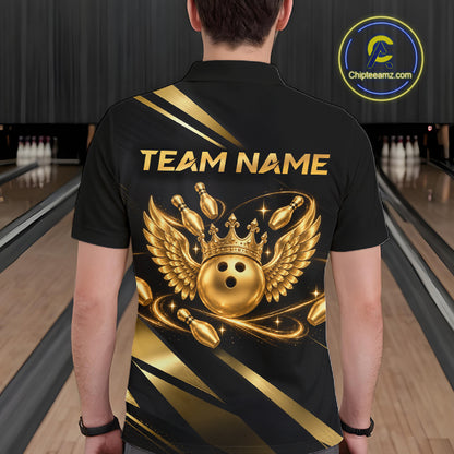 Custom Black & Gold Bowling Shirt for Men Wings Crown Bowling League Jersey QZT1294