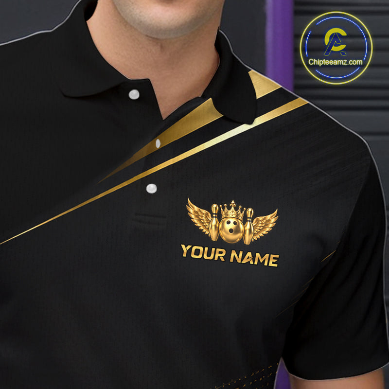 Custom Black & Gold Bowling Shirt for Men Wings Crown Bowling League Jersey QZT1294