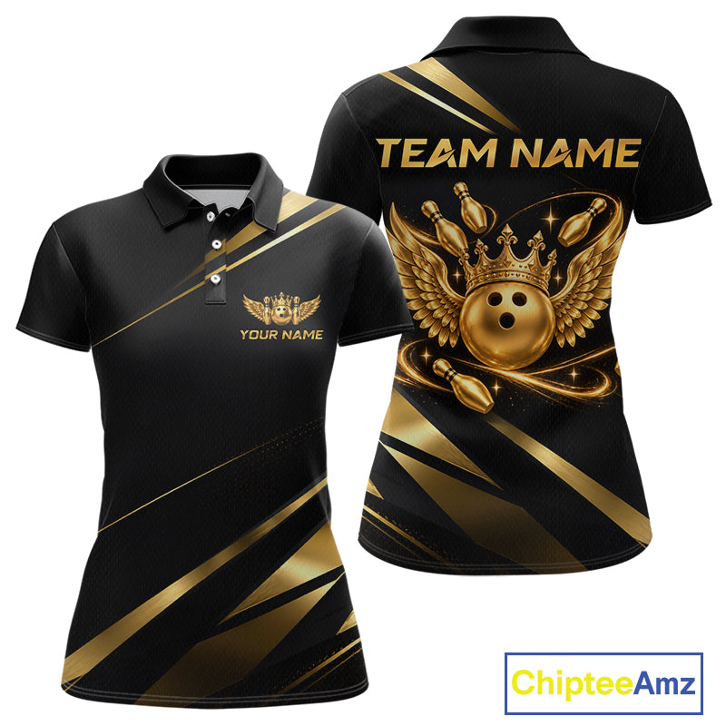 Custom Black & Gold Bowling Shirt for Women Wings Crown Bowling League Jersey QZT1294