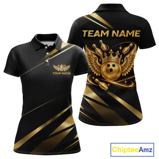 Custom Black & Gold Bowling Shirt for Women Wings Crown Bowling League Jersey QZT1294