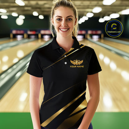 Custom Black & Gold Bowling Shirt for Women Wings Crown Bowling League Jersey QZT1294