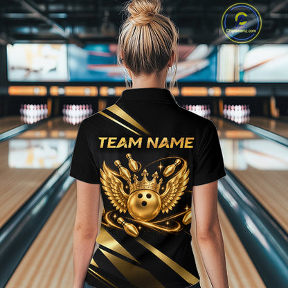 Custom Black & Gold Bowling Shirt for Women Wings Crown Bowling League Jersey QZT1294