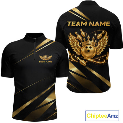 Custom Black & Gold Bowling Shirt for Men Wings Crown Bowling League Jersey QZT1294