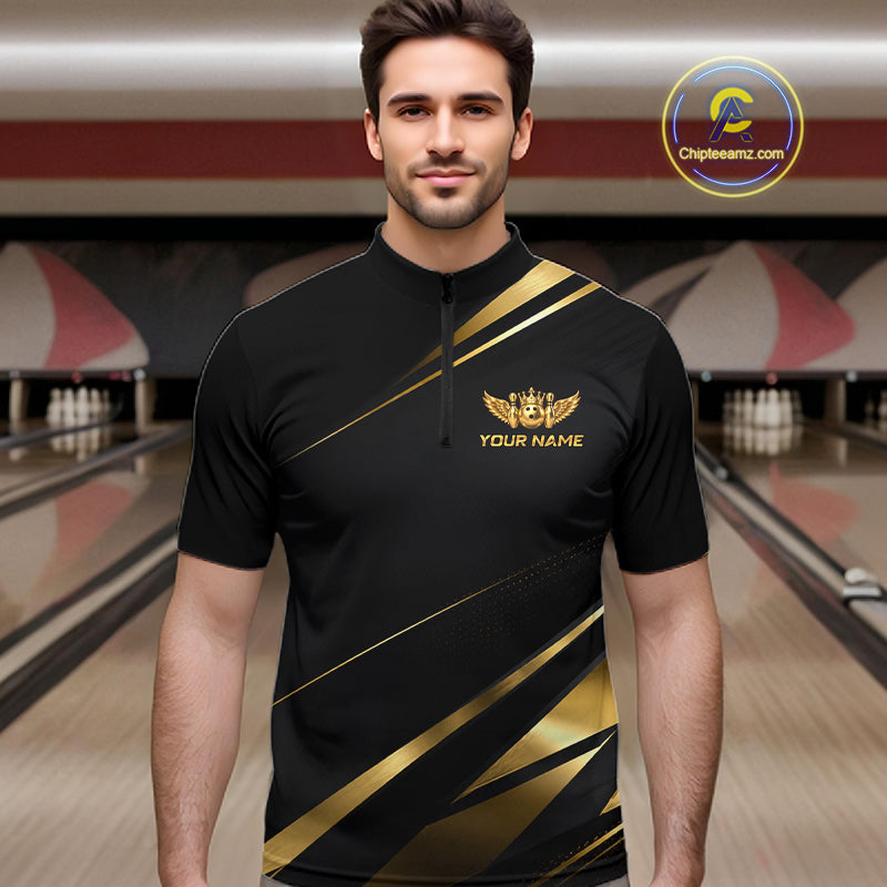 Custom Black & Gold Bowling Shirt for Men Wings Crown Bowling League Jersey QZT1294