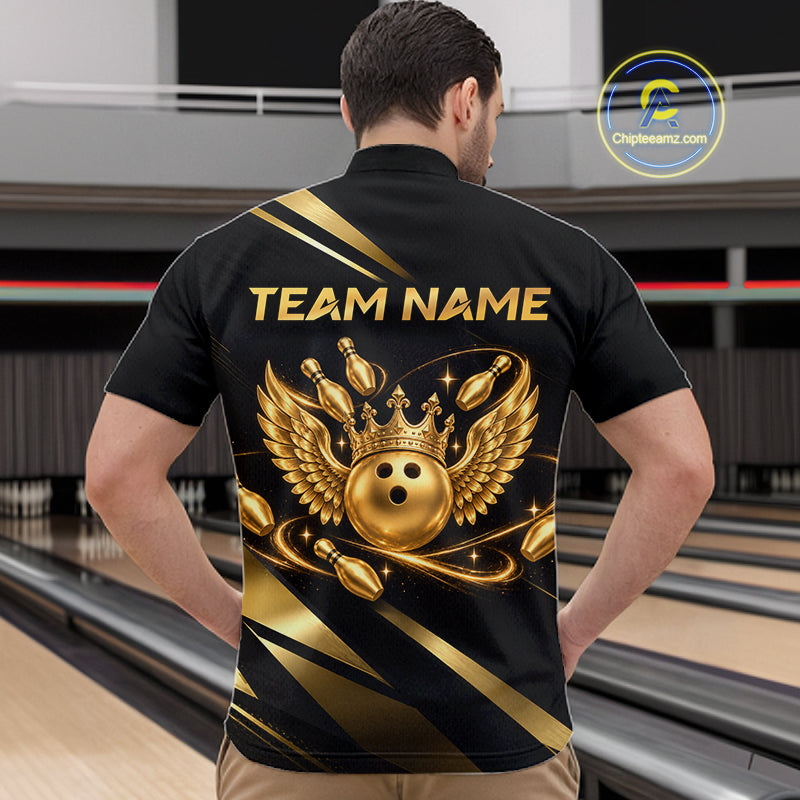 Custom Black & Gold Bowling Shirt for Men Wings Crown Bowling League Jersey QZT1294