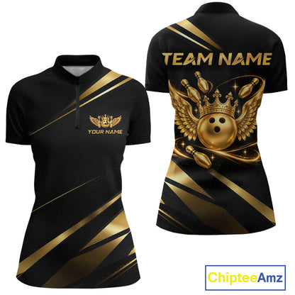Custom Black & Gold Bowling Shirt for Women Wings Crown Bowling League Jersey QZT1294