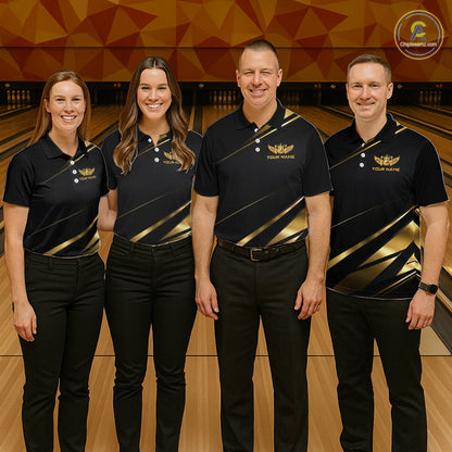Custom Black & Gold Bowling Shirt for Men Wings Crown Bowling League Jersey QZT1294