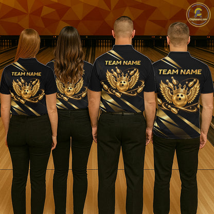 Custom Black & Gold Bowling Shirt for Men Wings Crown Bowling League Jersey QZT1294