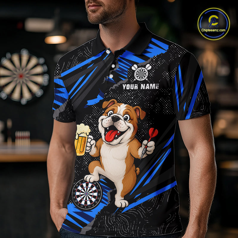 Custom Blue Funny Bulldog Dart Team Shirt for Men Dart League Jersey Polo & 1/4-Zip DHT75