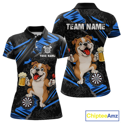 Custom Blue Funny Bulldog Dart Team Shirt for Women Dart League Jersey Polo & 1/4-Zip DHT75