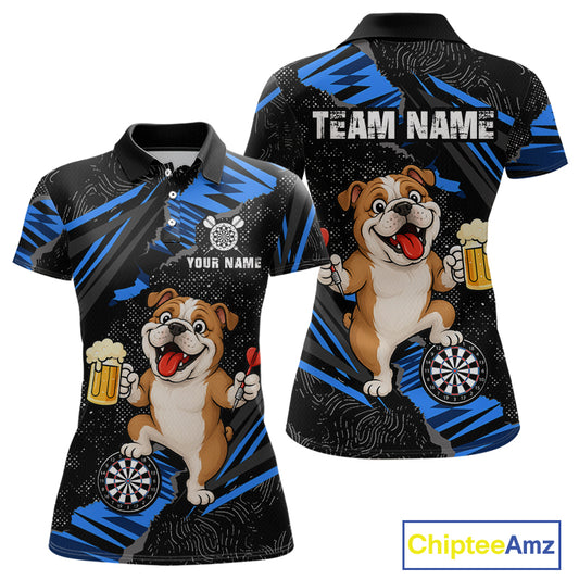 Custom Blue Funny Bulldog Dart Team Shirt for Women Dart League Jersey Polo & 1/4-Zip DHT75
