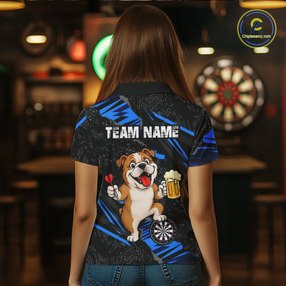 Custom Blue Funny Bulldog Dart Team Shirt for Women Dart League Jersey Polo & 1/4-Zip DHT75