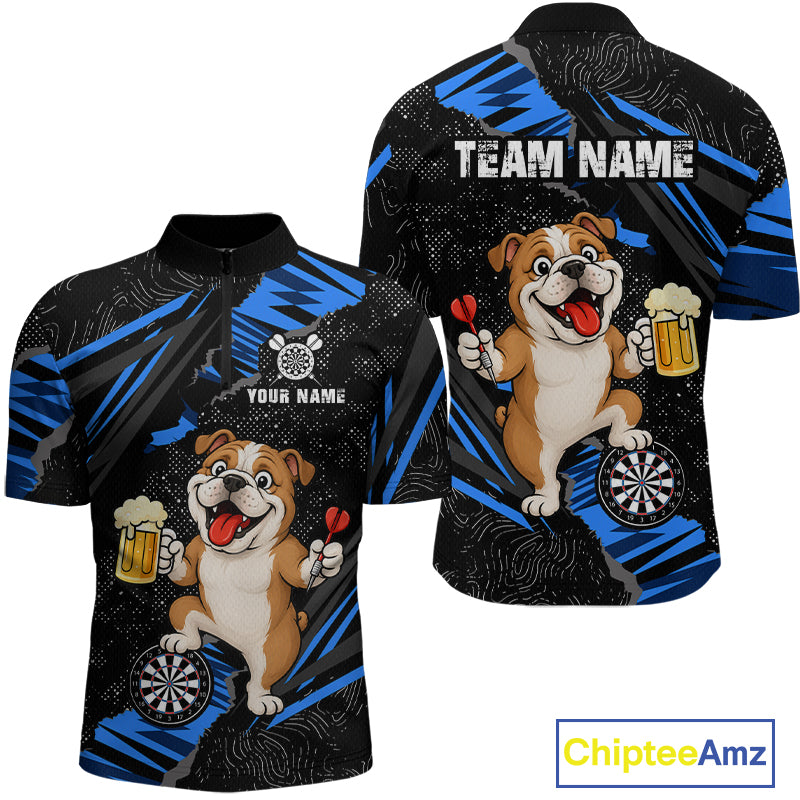Custom Blue Funny Bulldog Dart Team Shirt for Men Dart League Jersey Polo & 1/4-Zip DHT75