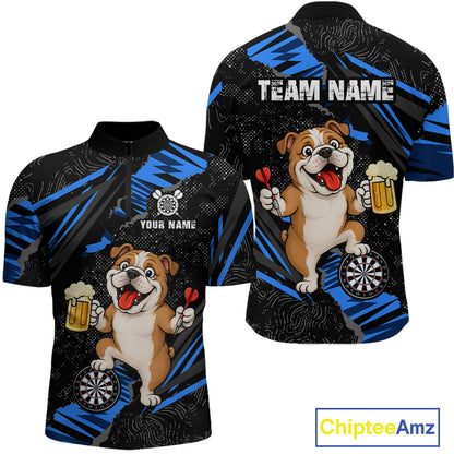 Custom Blue Funny Bulldog Dart Team Shirt for Men Dart League Jersey Polo & 1/4-Zip DHT75