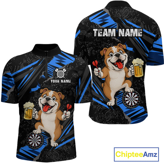 Custom Blue Funny Bulldog Dart Team Shirt for Men Dart League Jersey Polo & 1/4-Zip DHT75