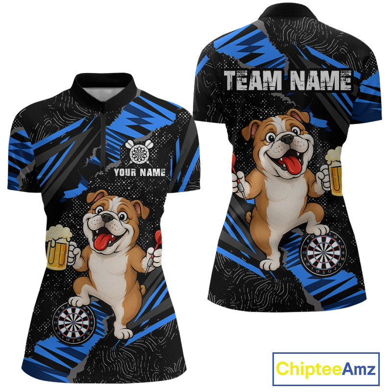 Custom Blue Funny Bulldog Dart Team Shirt for Women Dart League Jersey Polo & 1/4-Zip DHT75