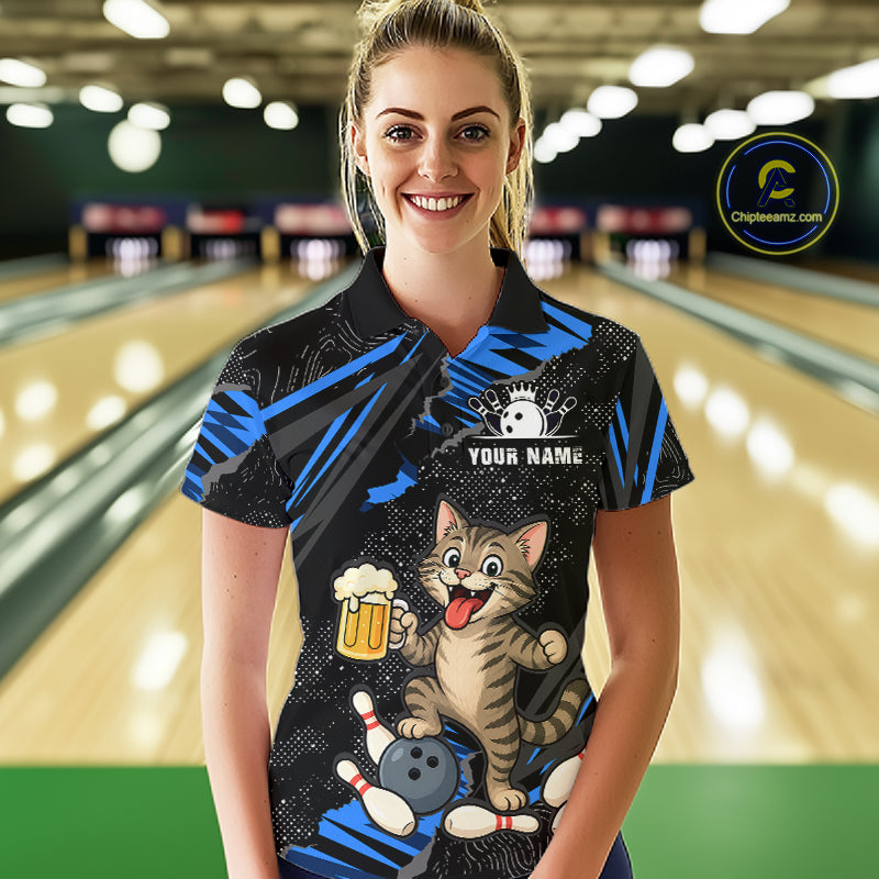 Custom Blue Funny Cat Bowling Shirt Bowling League Jersey for Women QZT1298