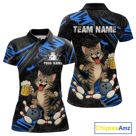 Custom Blue Funny Cat Bowling Shirt Bowling League Jersey for Women QZT1298