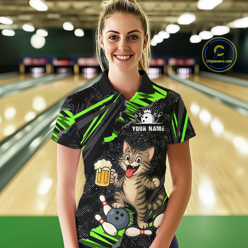 Custom Green Funny Cat Bowling Shirt Bowling Team Jersey for Women QZT1298