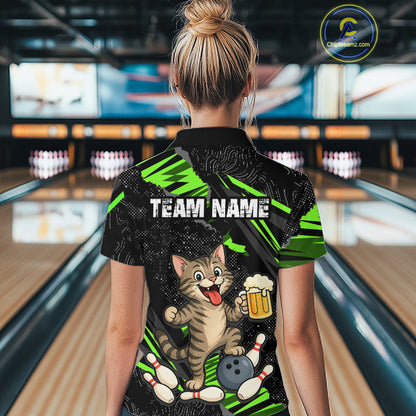 Custom Green Funny Cat Bowling Shirt Bowling Team Jersey for Women QZT1298
