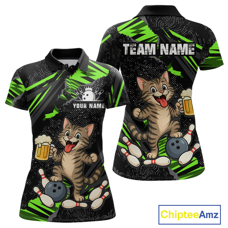 Custom Green Funny Cat Bowling Shirt Bowling Team Jersey for Women QZT1298