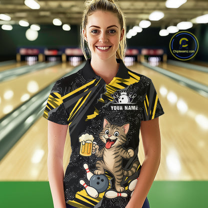 Custom Yellow Funny Cat Bowling Shirt Bowling Team Jersey for Women QZT1298