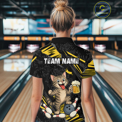 Custom Yellow Funny Cat Bowling Shirt Bowling Team Jersey for Women QZT1298