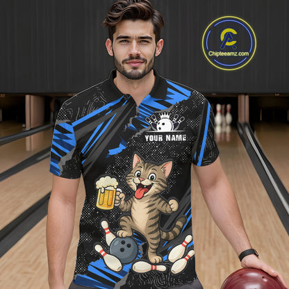Custom Blue Funny Cat Bowling Shirt Bowling League Jersey for Men QZT1298
