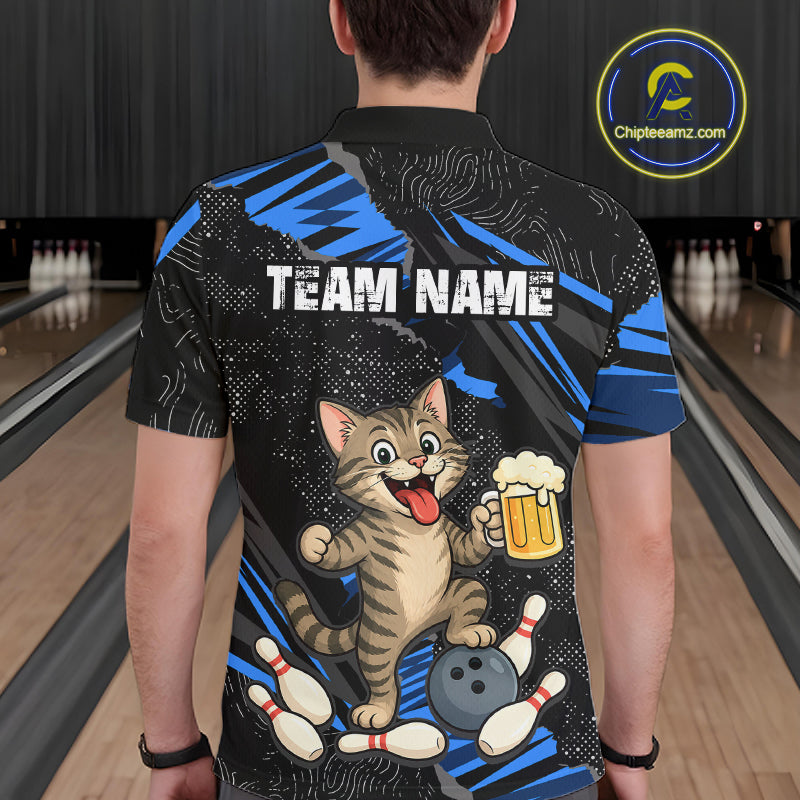 Custom Blue Funny Cat Bowling Shirt Bowling League Jersey for Men QZT1298