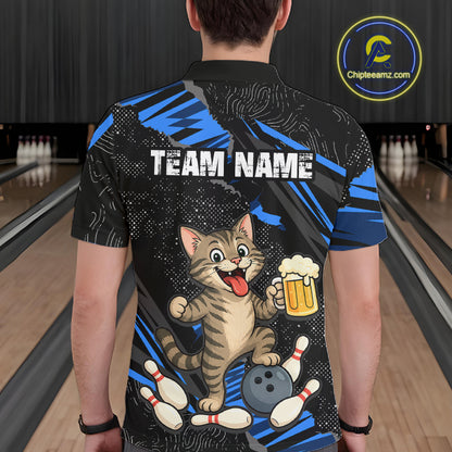 Custom Blue Funny Cat Bowling Shirt Bowling League Jersey for Men QZT1298