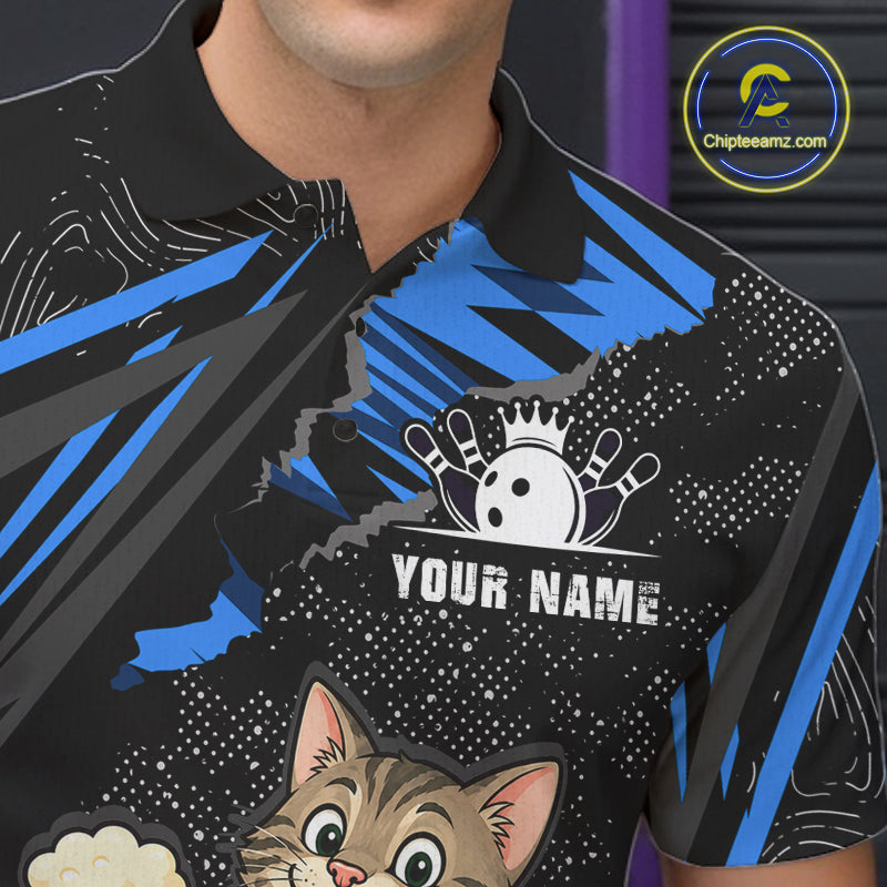 Custom Blue Funny Cat Bowling Shirt Bowling League Jersey for Men QZT1298