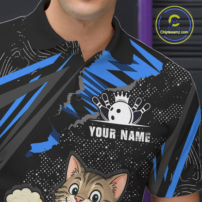 Custom Blue Funny Cat Bowling Shirt Bowling League Jersey for Men QZT1298