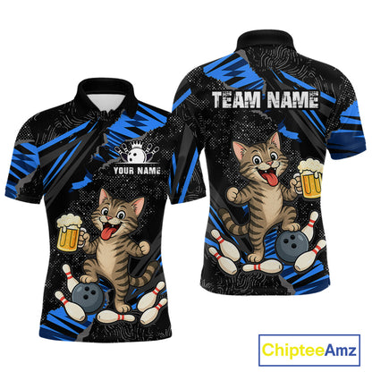 Custom Blue Funny Cat Bowling Shirt Bowling League Jersey for Men QZT1298