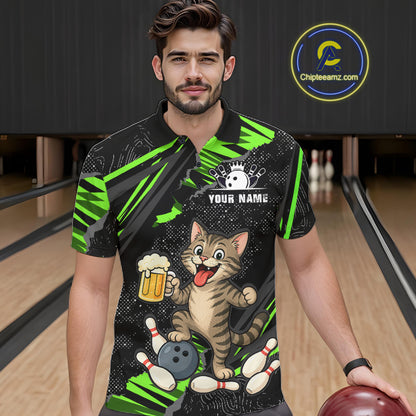Custom Green Funny Cat Bowling Shirt Bowling Team Jersey for Men QZT1298