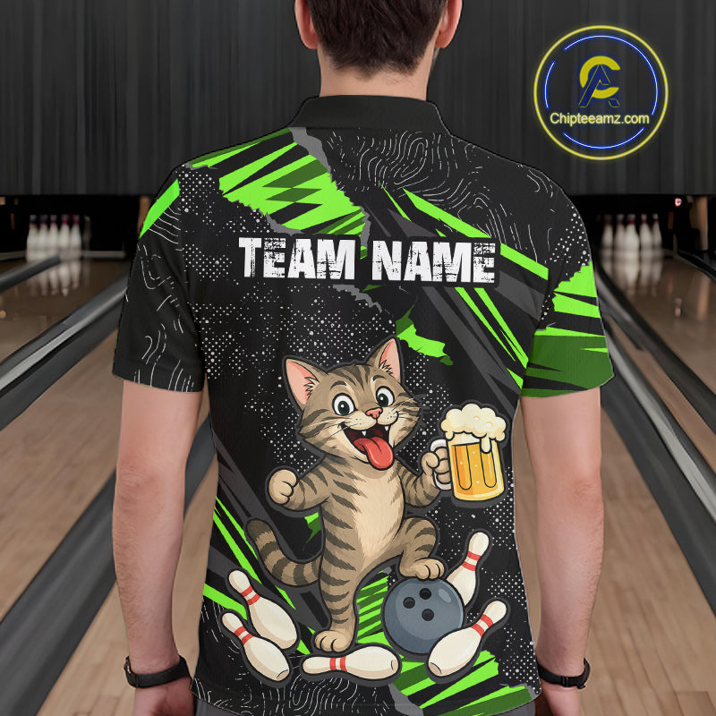 Custom Green Funny Cat Bowling Shirt Bowling Team Jersey for Men QZT1298