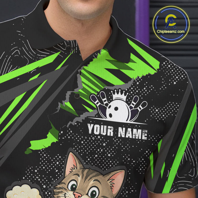 Custom Green Funny Cat Bowling Shirt Bowling Team Jersey for Men QZT1298