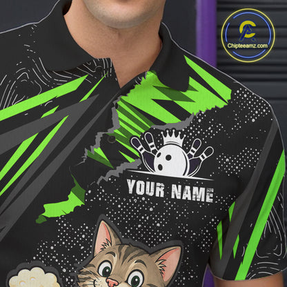 Custom Green Funny Cat Bowling Shirt Bowling Team Jersey for Men QZT1298